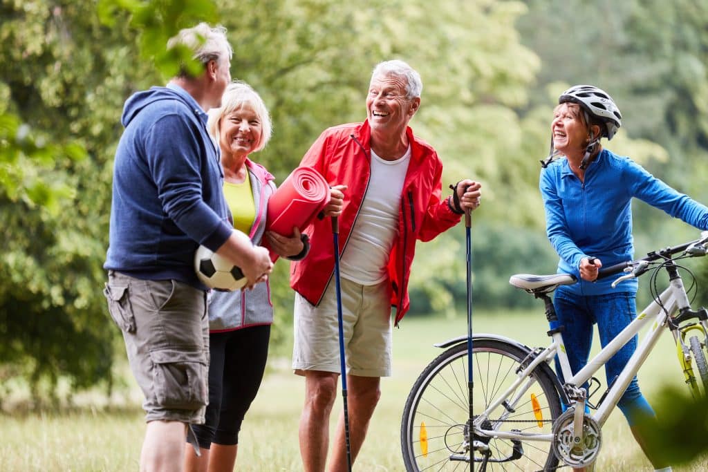 Senioren die wandelen en kletsen.